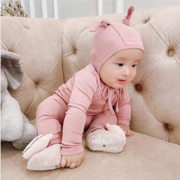Bộ sơ sinh thun dài tay cạp cao có mũ tai thỏ Minky Mom